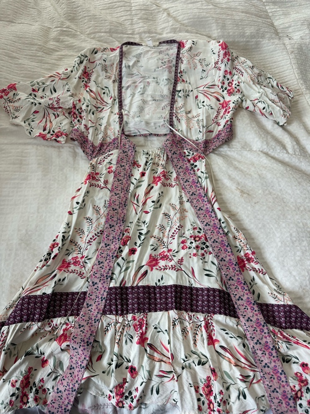 Floral Asymmetrical White and Pink Maxi Dress with Purple Accents